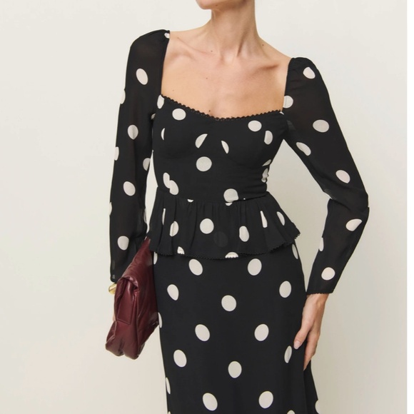 NEW Reformation Zandra Midi Dress - Moon Dot French Polka Dot - Picture 3 of 13